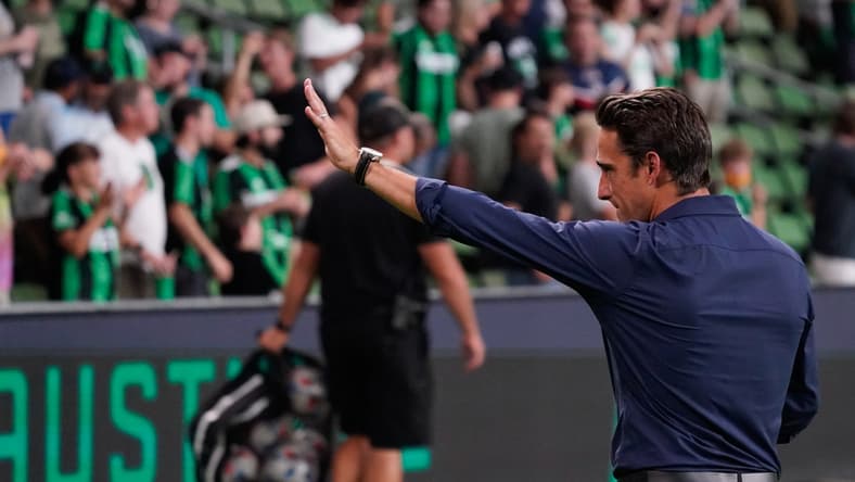 Aug 4, 2021; Austin, TX, USA; Austin FC head coach Josh Wolff acknowledges fans after a victory over Houston Dynamo at Q2 Stadium. Mandatory Credit: Scott Wachter-USA TODAY Sports