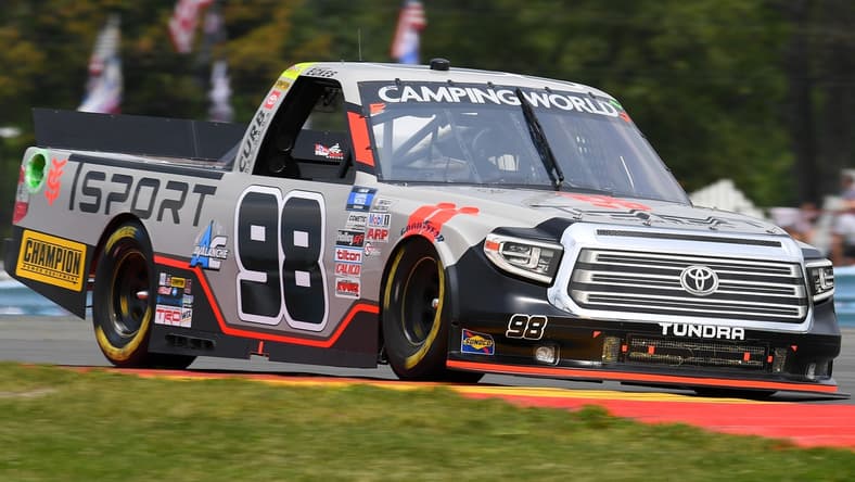Aug 7, 2021; Watkins Glen, NY, USA; NASCAR Camping World Truck Series driver Christian Eckes (98) drives during the United Rentals 176 at Watkins Glen International. Mandatory Credit: Rich Barnes-USA TODAY Sports