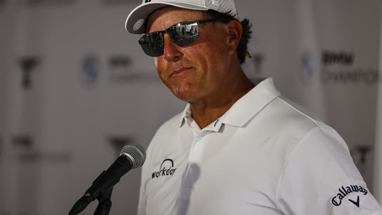 Aug 26, 2021; Owings Mills, Maryland, USA; Phil Mickelson speaks to the media finishing play in the first round of the BMW Championship golf tournament. Mandatory Credit: Scott Taetsch-USA TODAY Sports