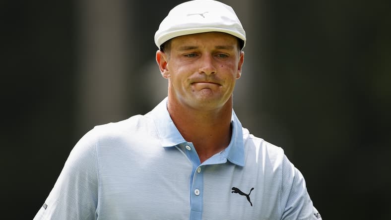 Aug 28, 2021; Owings Mills, Maryland, USA; Bryson DeChambeau reacts on the first green during the third round of the BMW Championship golf tournament. Mandatory Credit: Scott Taetsch-USA TODAY Sports