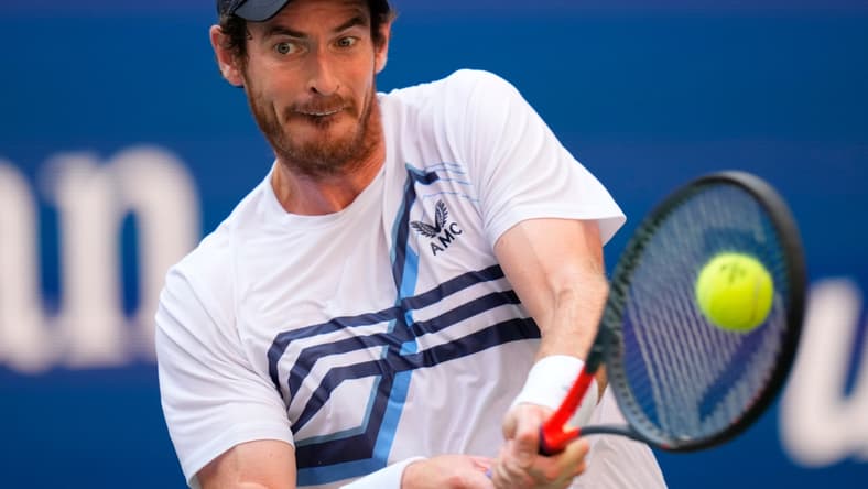 Aug 30, 2021; Flushing, NY, USA; Andy Murray of Great Britain hits to Stefanos Tsitsipas of Greece (not pictured) on day one of the 2021 U.S. Open tennis tournament at USTA Billie King National Tennis Center. Mandatory Credit: Robert Deutsch-USA TODAY Sports