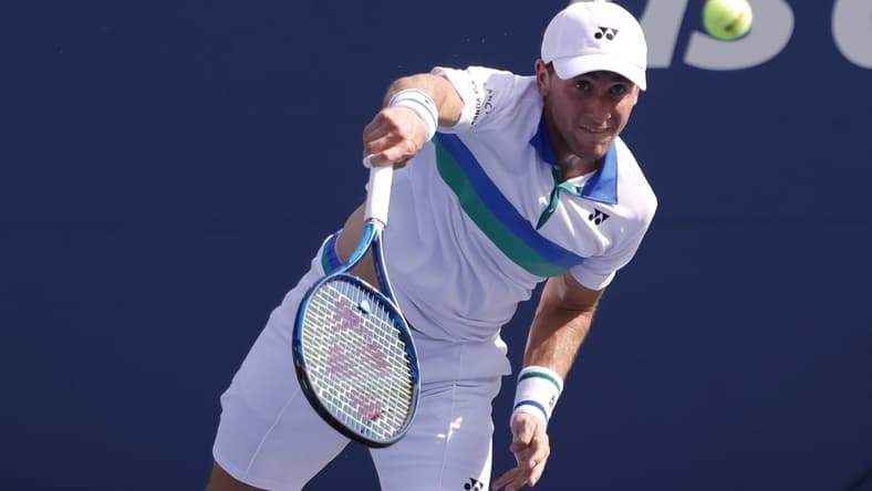 Aug 30, 2021; Flushing, NY, USA; Casper Ruud (NOR) serves against Yuichi Sugita (JPN)(not pictured) on day one of the 2021 U.S. Open tennis tournament at USTA Billie King National Tennis Center. Mandatory Credit: Geoff Burke-USA TODAY Sports