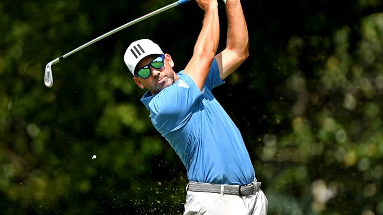 Sep 2, 2021; Atlanta, Georgia, USA; Sergio Garcia plays his shot from the second tee during the first round of the Tour Championship golf tournament. Mandatory Credit: Adam Hagy-USA TODAY Sports