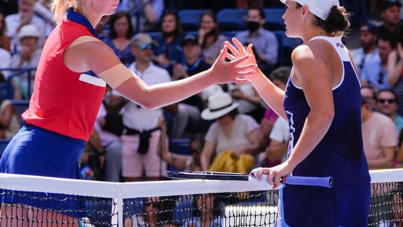 Sep 2, 2021; Flushing, NY, USA; Ashleigh Barty of Australia (right) after beating Clara Tauson of Denmark on day four of the 2021 U.S. Open tennis tournament at USTA Billie King National Tennis Center. Mandatory Credit: Robert Deutsch-USA TODAY Sports