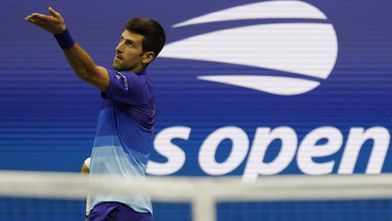 Sep 2, 2021; Flushing, NY, USA; Novak Djokovic of Serbia serves against Tallon Griekspoor of the Netherlands (not pictured) on day four of the 2021 U.S. Open tennis tournament at USTA Billie Jean King National Tennis Center. Mandatory Credit: Geoff Burke-USA TODAY Sports