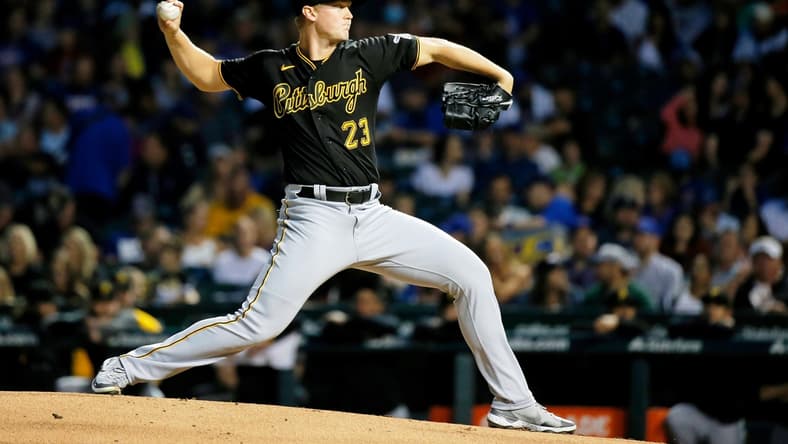 Sep 2, 2021; Chicago, Illinois, USA; Pittsburgh Pirates starting pitcher Mitch Keller (23) pitches against the Chicago Cubs during the first inning at Wrigley Field. Mandatory Credit: Jon Durr-USA TODAY Sports