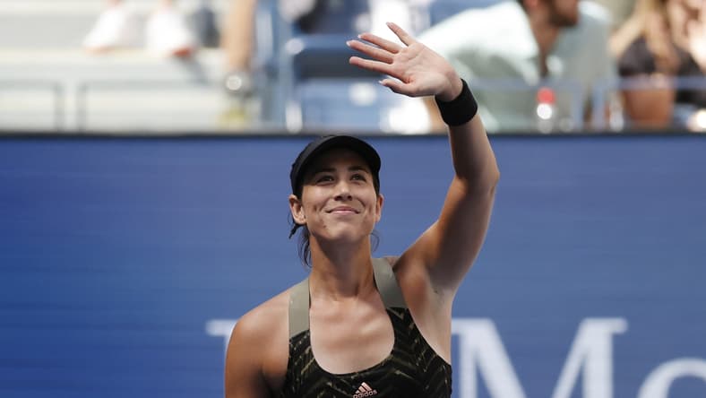 Sep 3, 2021; Flushing, NY, USA; Garbine Muguruza of Spain celebrates after recording match point against Victoria Azarenka of Belarus in a third round match on day five of the 2021 U.S. Open tennis tournament at USTA Billie Jean King National Tennis Center. Mandatory Credit: Jerry Lai-USA TODAY Sports
