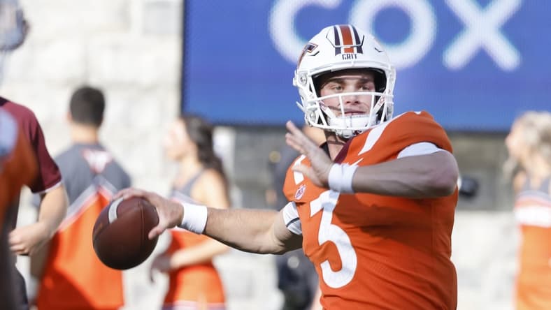 Sep 3, 2021; Blacksburg, Virginia, USA;  Virginia Tech Hokies quarterback Braxton Burmeister (3)throws a warmup pass before the game against the North Carolina Tar Heels at Lane Stadium. Mandatory Credit: Reinhold Matay-USA TODAY Sports