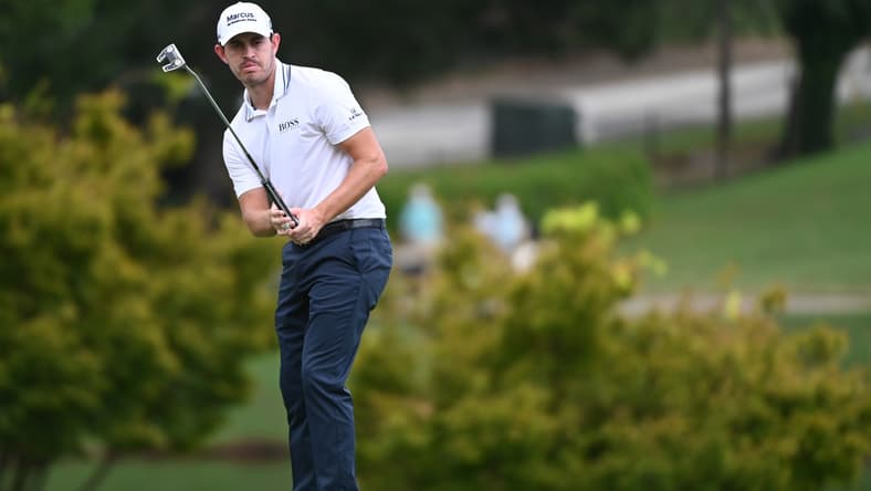 Sep 3, 2021; Atlanta, Georgia, USA; Patrick Cantlay watches his putt on 9th green during the second round of the Tour Championship golf tournament. Mandatory Credit: Adam Hagy-USA TODAY Sports