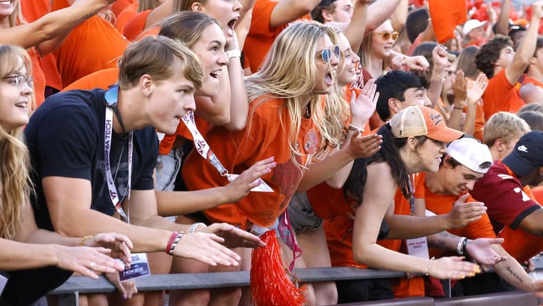 Sep 3, 2021; Blacksburg, Virginia, USA;  Virginia Tech Hokies fans cheer during the second quarter against the North Carolina Tar Heels at Lane Stadium. Mandatory Credit: Reinhold Matay-USA TODAY Sports