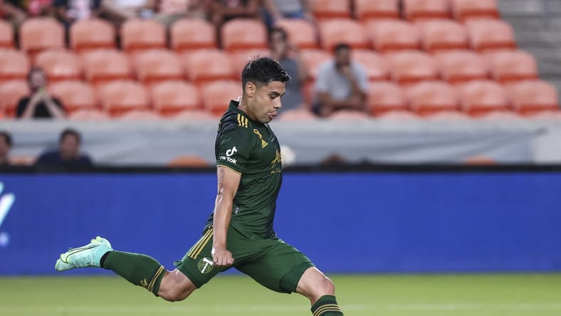 Sep 3, 2021; Houston, Texas, USA; Portland Timbers forward Felipe Mora (9) scores a goal on a penalty kick against the Houston Dynamo during the first half at BBVA Stadium. Mandatory Credit: Troy Taormina-USA TODAY Sports