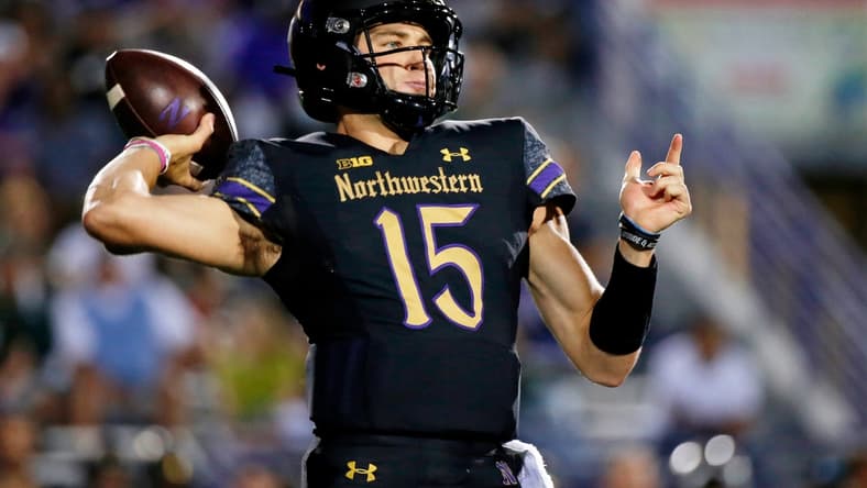 Sep 3, 2021; Evanston, Illinois, USA; Northwestern Wildcats quarterback Hunter Johnson (15) passes the ball against the Michigan State Spartans during the first quarter at Ryan Field. Mandatory Credit: Jon Durr-USA TODAY Sports