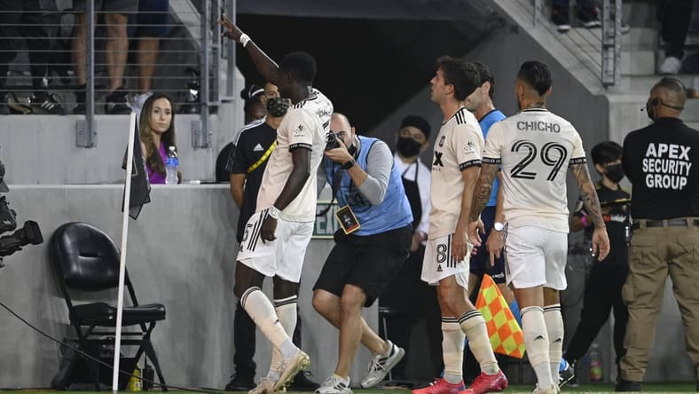 Sep 3, 2021; Los Angeles, California, USA; Los Angeles FC defender Mamadou Fall (5) celebrates his goal against Sporting Kansas City during the first half at Banc of California Stadium. Mandatory Credit: Kelvin Kuo-USA TODAY Sports