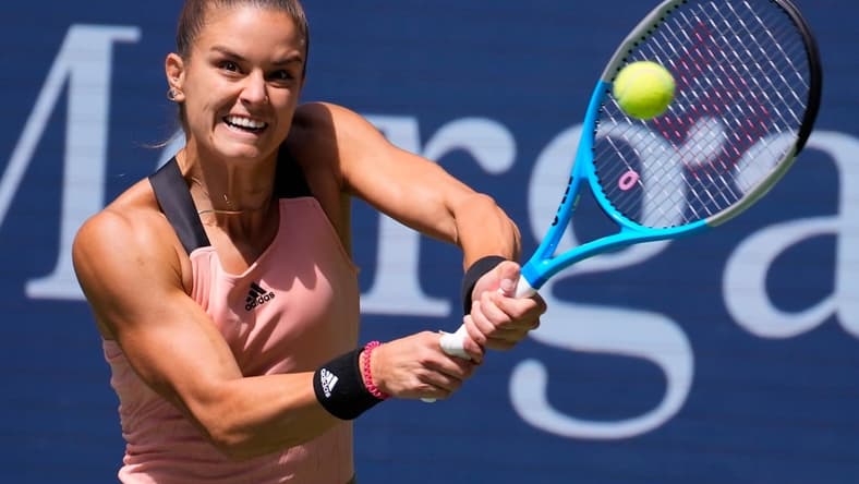 Sep 4, 2021; Flushing, NY, USA; Maria Sakkari of Greece hits to Petra Kvitova of the Czech Republic on day six of the 2021 U.S. Open tennis tournament at USTA Billie Jean King National Tennis Center. Mandatory Credit: Robert Deutsch-USA TODAY Sports