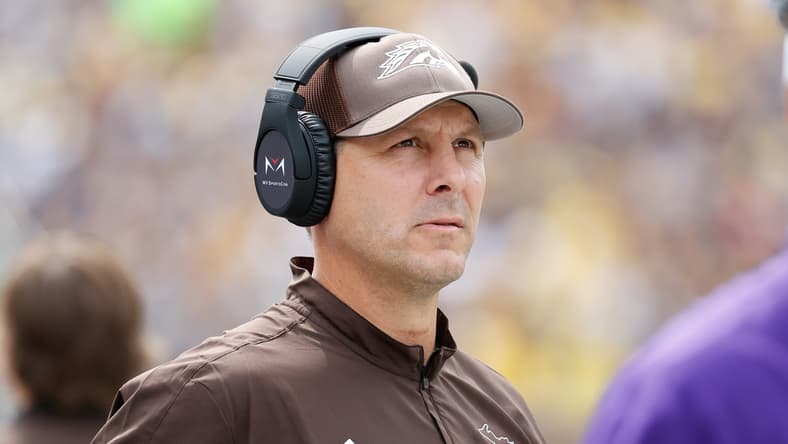 Sep 4, 2021; Ann Arbor, Michigan, USA;  Western Michigan Broncos head coach Tim Lester on the sideline in the first half against the Michigan Wolverines at Michigan Stadium. Mandatory Credit: Rick Osentoski-USA TODAY Sports