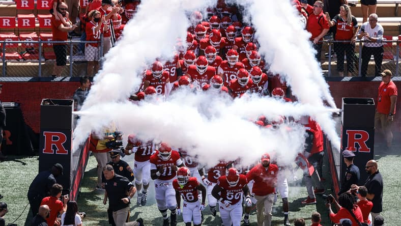 Sep 4, 2021; Piscataway, New Jersey, USA; Rutgers Scarlet Knights defensive back Max Melton (16) leads the team out before the game against the Temple Owls at SHI Stadium. Mandatory Credit: Vincent Carchietta-USA TODAY Sports