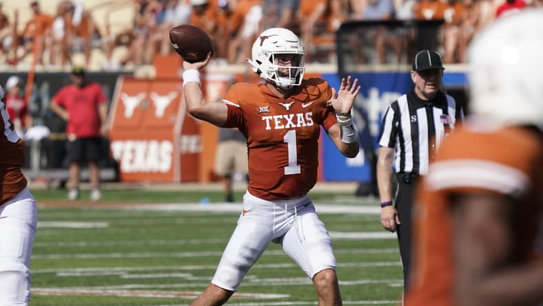 Sep 4, 2021; Austin, Texas, USA; Texas Longhorns quarterback Hudson Card (1) passes the ball in the first half of the game against the Louisiana Ragin' Cajuns at Darrell K Royal-Texas Memorial Stadium. Mandatory Credit: Scott Wachter-USA TODAY Sports