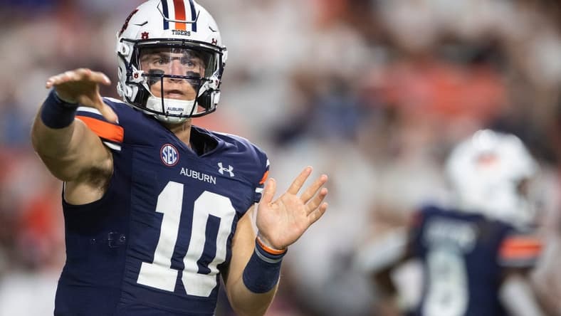 Auburn Tigers quarterback Bo Nix (10) throws the ball at Jordan-Hare Stadium in Auburn, Ala., on Saturday, Sept. 4, 2021. Auburn Tigers leads Akron Zips 37-0.
