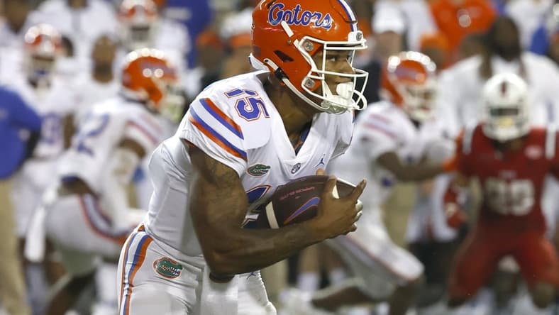 Sep 4, 2021; Gainesville, Florida, USA; Florida Gators quarterback Anthony Richardson (15) runs the ball in for a touchdown during the fourth quarter against the Florida Atlantic Owls at Ben Hill Griffin Stadium. Mandatory Credit: Kim Klement-USA TODAY Sports