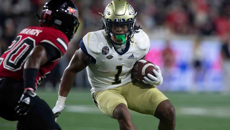 Sep 4, 2021; Atlanta, Georgia, USA; Georgia Tech Yellow Jackets running back Jahmyr Gibbs (1) runs the ball against Northern Illinois Huskies cornerback Zhamaine March (20) during the second half at Bobby Dodd Stadium. Mandatory Credit: Jenn Finch-USA TODAY Sports