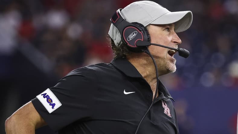 Sep 4, 2021; Houston, Texas, USA; Houston Cougars head coach Dana Holgorsen reacts during the first half against the Texas Tech Red Raiders at NRG Stadium. Mandatory Credit: Troy Taormina-USA TODAY Sports