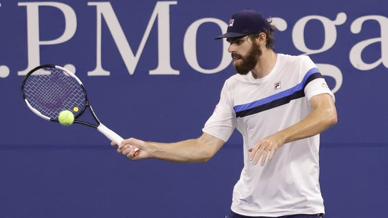 Sep 4, 2021; Flushing, NY, USA; Reilly Opelka of the United States hits a forehand against Nikoloz Basilashvili of Georgia (not pictured) on day six of the 2021 U.S. Open tennis tournament at USTA Billie Jean King National Tennis Center. Mandatory Credit: Geoff Burke-USA TODAY Sports