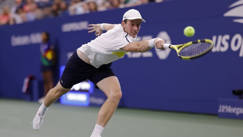 Sep 5, 2021; Flushing, NY, USA; Botic Van De Zandschulp of the Netherlands reaches for a backhand against Diego Schwartzman of Argentina (not pictured) on day seven of the 2021 U.S. Open tennis tournament at USTA Billie King National Tennis Center. Mandatory Credit: Geoff Burke-USA TODAY Sports