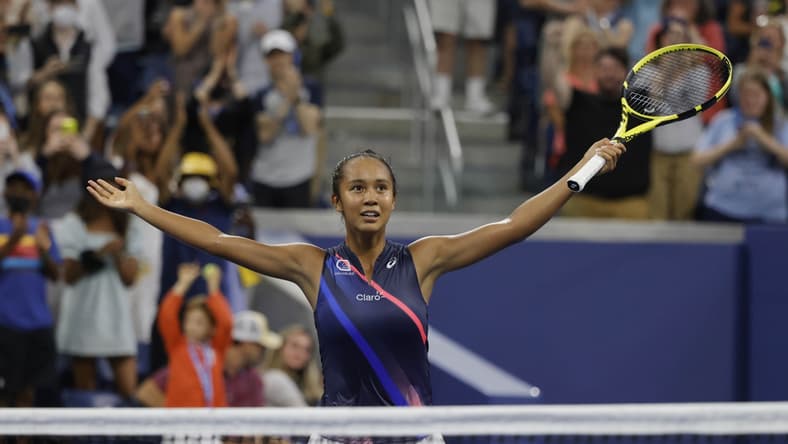 Sep 5, 2021; Flushing, NY, USA; Leylah Fernandez of Canada celebrates after her match against Angelique Kerber of Germany (not pictured) on day seven of the 2021 U.S. Open tennis tournament at USTA Billie King National Tennis Center. Mandatory Credit: Geoff Burke-USA TODAY Sports
