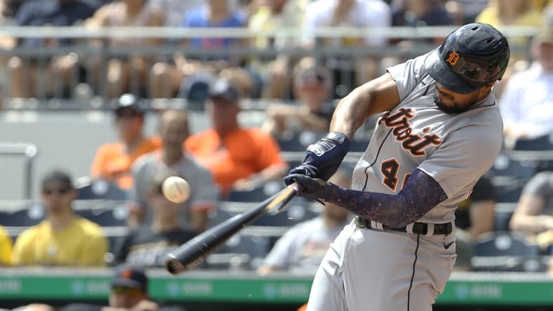 Sep 6, 2021; Pittsburgh, Pennsylvania, USA; Detroit Tigers third baseman Jeimer Candelario (46) breaks his bat against the Pittsburgh Pirates during the first inning at PNC Park. Mandatory Credit: Charles LeClaire-USA TODAY Sports
