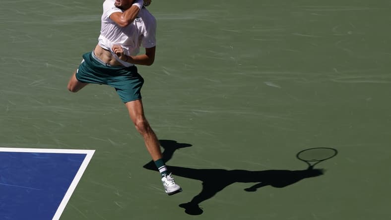 Sep 7, 2021; Flushing, NY, USA; Daniil Medvedev of Russia hits a forehand against Botic van de Zandschulp of the Netherlands (not pictured) on day nine of the 2021 U.S. Open tennis tournament at USTA Billie Jean King National Tennis Center. Mandatory Credit: Geoff Burke-USA TODAY Sports
