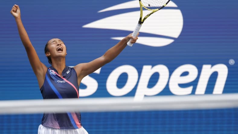 Sep 7, 2021; Flushing, NY, USA; Leylah Fernandez of Canada reacts after winning a point against Elina Svitolina of Ukraine (not pictured) on day nine of the 2021 U.S. Open tennis tournament at USTA Billie Jean King National Tennis Center. Mandatory Credit: Geoff Burke-USA TODAY Sports