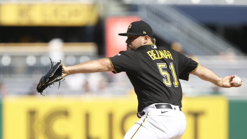 Aug 29, 2021; Pittsburgh, Pennsylvania, USA;  Pittsburgh Pirates relief pitcher David Bednar (51) pitches against the St. Louis Cardinals during the eighth inning at PNC Park. Mandatory Credit: Charles LeClaire-USA TODAY Sports