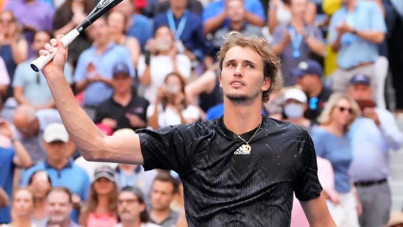 Sep 8, 2021; Flushing, NY, USA; Alexander Zverev of Germany hits to Lloyd Harris of South Africa on day ten of the 2021 U.S. Open tennis tournament at USTA Billie Jean King National Tennis Center. Mandatory Credit: Robert Deutsch-USA TODAY Sports