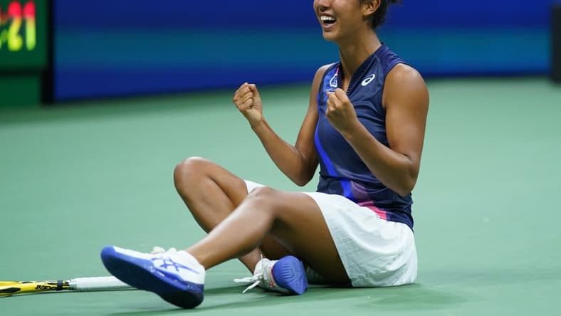 Sep 9, 2021; Flushing, NY, USA; Leylah Fernandez of Canada celebrates after match point against Aryna Sabalenka of Belarus (not pictured) on day eleven of the 2021 U.S. Open tennis tournament at USTA Billie Jean King National Tennis Center. Mandatory Credit: Danielle Parhizkaran-USA TODAY Sports