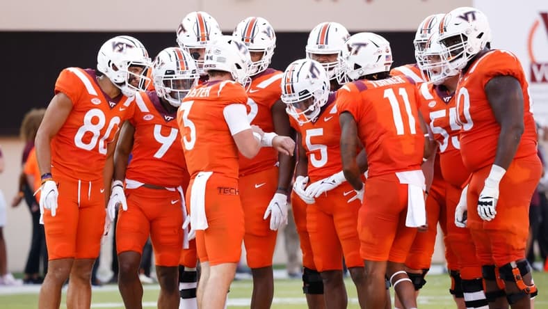 Sep 3, 2021; Blacksburg, Virginia, USA; Virginia Tech Hokies quarterback Braxton Burmeister (3) runs the huddle during the first quarter against the North Carolina Tar Heels at Lane Stadium. Mandatory Credit: Reinhold Matay-USA TODAY Sports