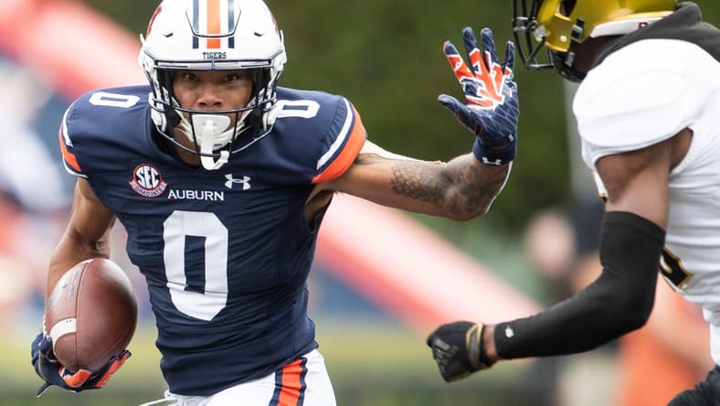 Auburn Tigers wide receiver Demetris Robertson (0) runs the ball after a catch at Jordan-Hare Stadium in Auburn, Ala., on Saturday, Sept. 11, 2021. Auburn Tigers leads Alabama State Hornets 20-0 at halftime.