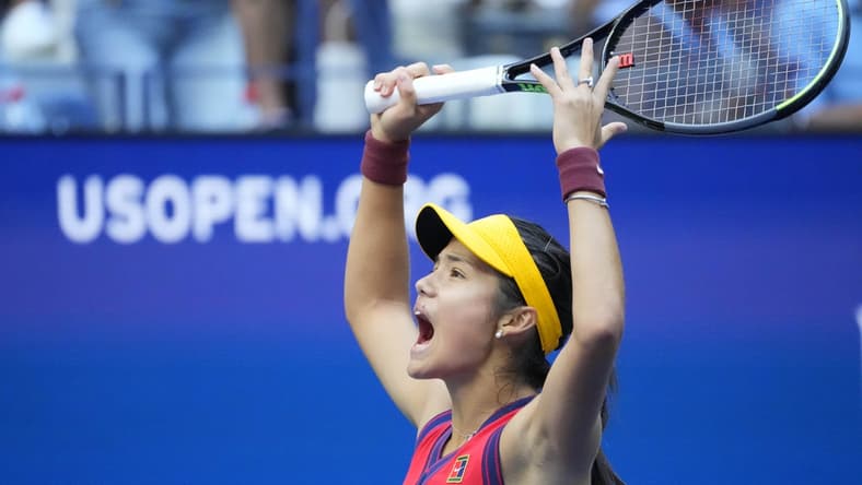 Sep 11, 2021; Flushing, NY, USA; Emma Raducanu of Great Britain reacts after winning the first set against Leylah Fernandez of Canada (not pictured) in the women's singles final on day thirteen of the 2021 U.S. Open tennis tournament at USTA Billie Jean King National Tennis Center. Mandatory Credit: Robert Deutsch-USA TODAY Sports