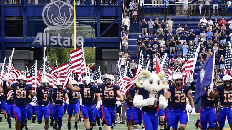 Sep 11, 2021; Annapolis, Maryland, USA; Navy Midshipmen takes the field before the game against the Air Force Falcons at Navy-Marine Corps Memorial Stadium. Mandatory Credit: Tommy Gilligan-USA TODAY Sports