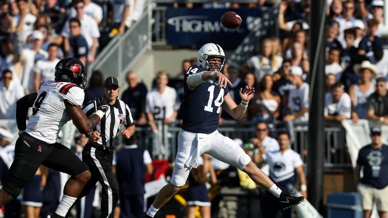 Sep 11, 2021; University Park, Pennsylvania, USA; Penn State Nittany Lions quarterback Sean Clifford (14) throws a pass during the second quarter against the Ball State Cardinals at Beaver Stadium. Mandatory Credit: Matthew OHaren-USA TODAY Sports