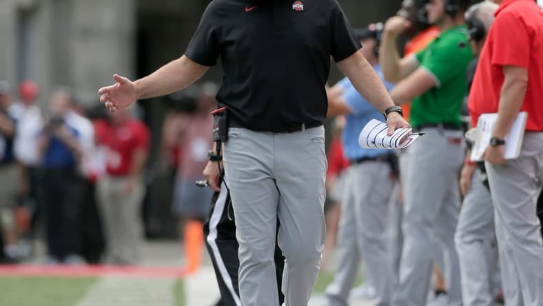 Ohio State Buckeyes head coach Ryan Day reacts to a play during Saturday's NCAA Division I football game against the Oregon Ducks at Ohio Stadium in Columbus on September 11, 2021.
Osu21ore Bjp 36