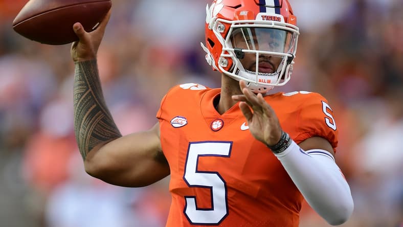 Sep 11, 2021; Clemson, South Carolina, USA; Clemson Tigers quarterback D.J. Uiagalelei (5) looks to throw against the South Carolina State Bulldogs during the second quarter at Memorial Stadium. Mandatory Credit: Adam Hagy-USA TODAY Sports