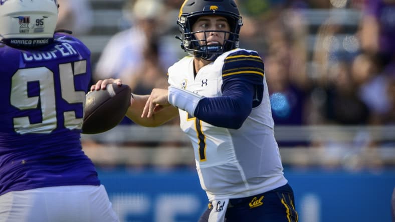 Sep 11, 2021; Fort Worth, Texas, USA; California Golden Bears quarterback Chase Garbers (7) drops back to pass against the TCU Horned Frogs during the second half of the game at Amon G. Carter Stadium. Mandatory Credit: Jerome Miron-USA TODAY Sports