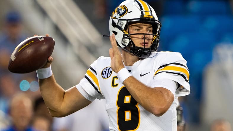Sep 11, 2021; Lexington, Kentucky, USA; Missouri Tigers quarterback Connor Bazelak (8) lines up a pass during the first quarter against the Kentucky Wildcats at Kroger Field. Mandatory Credit: Jordan Prather-USA TODAY Sports