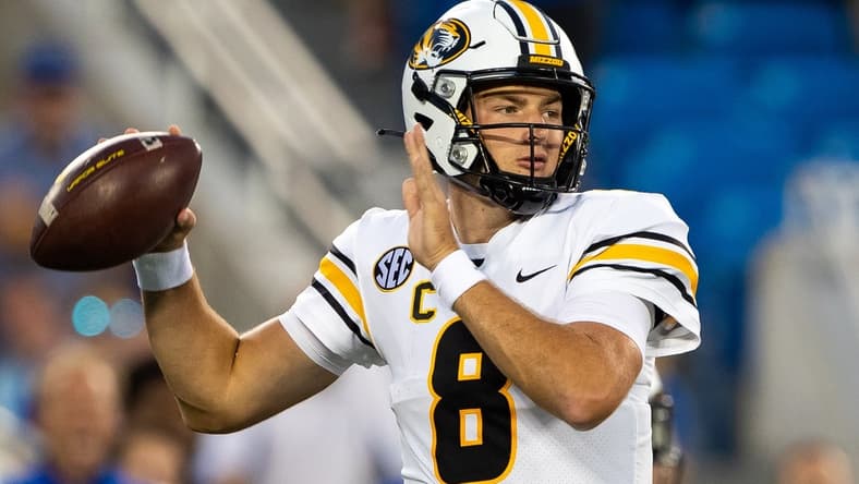 Sep 11, 2021; Lexington, Kentucky, USA; Missouri Tigers quarterback Connor Bazelak (8) lines up a pass during the first quarter against the Kentucky Wildcats at Kroger Field. Mandatory Credit: Jordan Prather-USA TODAY Sports