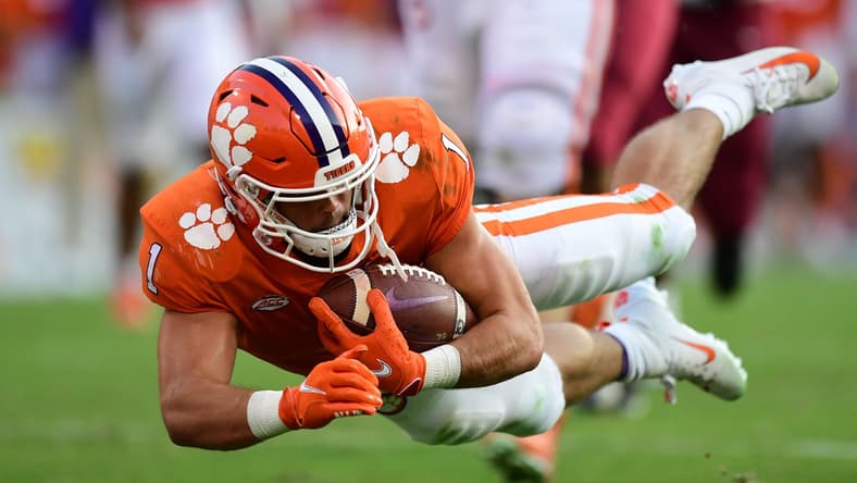 Sep 11, 2021; Clemson, South Carolina, USA; Clemson Tigers running back Will Shipley (1) dives for a touchdown against the South Carolina State Bulldogs during the third quarter at Memorial Stadium. Mandatory Credit: Adam Hagy-USA TODAY Sports