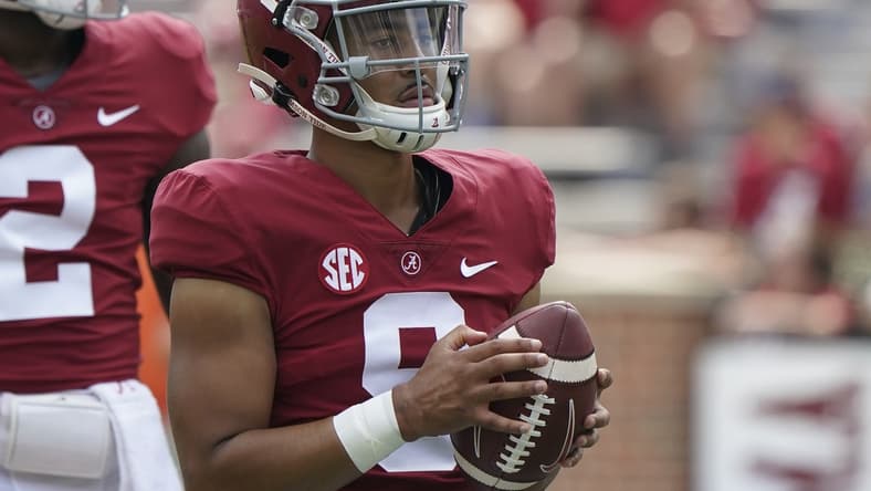 Sep 11, 2021; Tuscaloosa, Alabama, USA; Alabama Crimson Tide quarterback Bryce Young (9) during warm ups at Bryant-Denny Stadium. Mandatory Credit: Marvin Gentry-USA TODAY Sports