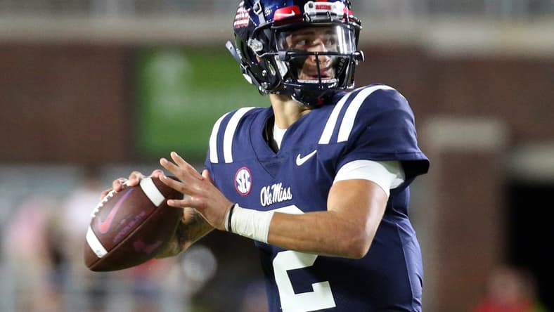 Sep 11, 2021; Oxford, Mississippi, USA; quarterback Matt Corral (2) throws a pass against the Austin Peay Governors during the second quarter at Vaught-Hemingway Stadium. Mandatory Credit: Petre Thomas-USA TODAY Sports