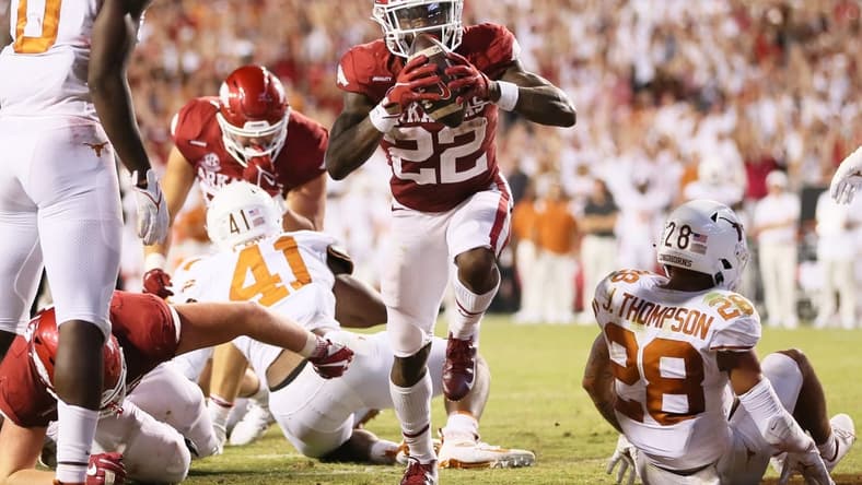 Sep 11, 2021; Fayetteville, Arkansas, USA; Arkansas Razorbacks running back Trelon Smith (22) celebrates after scoring a touchdown against the Texas Longhorns in the second half at Donald W. Reynolds Razorback Stadium. Arkansas won 40-21. Mandatory Credit: Nelson Chenault-USA TODAY Sports
