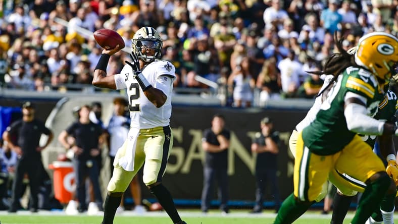 Sep 12, 2021; Jacksonville, Florida, USA; New Orleans Saints quarterback Jameis Winston (2) throws from the pocket during the first quarter against the Green Bay Packers at TIAA Bank Field. Mandatory Credit: Tommy Gilligan-USA TODAY Sports