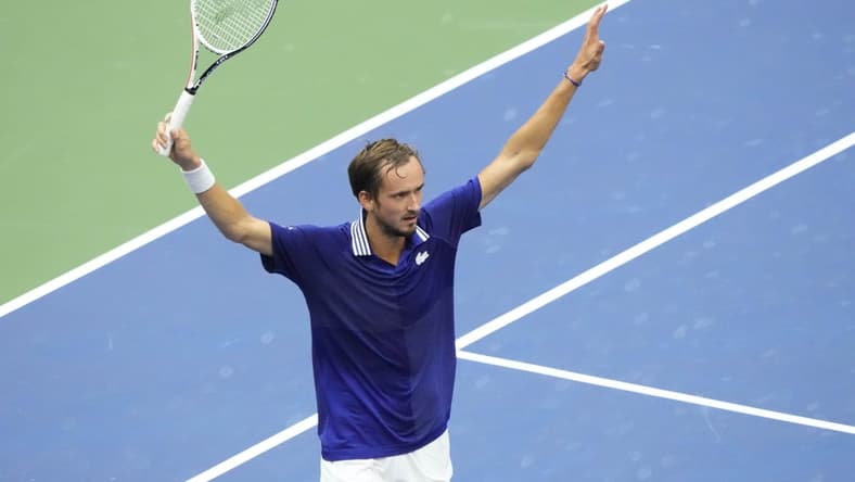 Sep 12, 2021; Flushing, NY, USA; Daniil Medvedev of Russia reacts after winning a game in the third set against Novak Djokovic of Serbia in the men's singles final on day fourteen of the 2021 U.S. Open tennis tournament at USTA Billie Jean King National Tennis Center. Mandatory Credit: Robert Deutsch-USA TODAY Sports